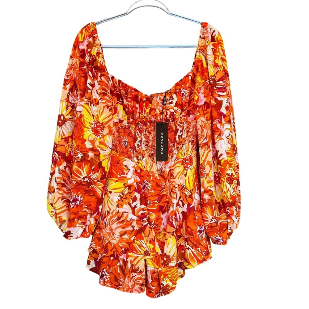 Emprada Romper Womens Large Orange Floral Long Sleeve Ruffle Elastic Waist Boho